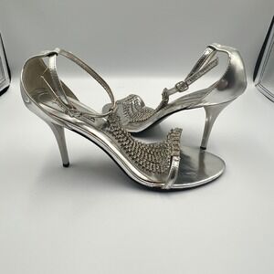 Diva DNA Stiletto Sandals Women Size 9 Silver Rhinestone Fringe T-Strap